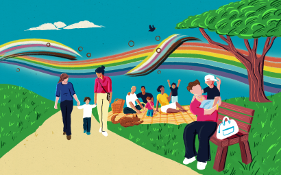 Illustratie van verschillende regenbooggezinnen in een park, met op de achtergrond een regenboog