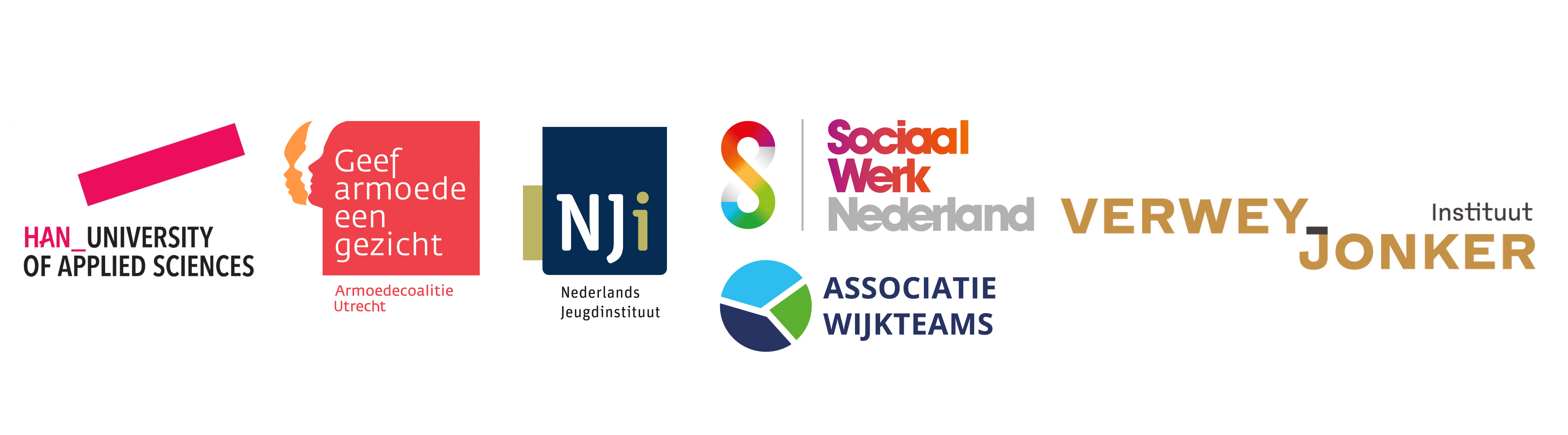 Logo's van de HAN, Armoedecoalitie Utrecht, het NJi, Sociaal Werk Nederland, Associatie Wijkteams en het Verwey-Jonker Instituut