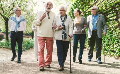Groep oudere mensen wandelend in park