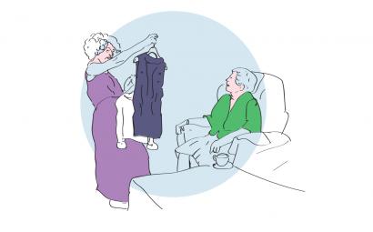 illustratie van vrouw die kleding kiest voor zieke moeder