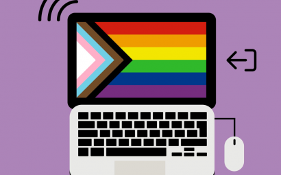 grafische weergave van een laptiop met op het scherm een regenboogvlag. 