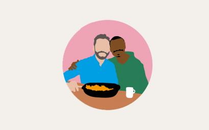 Grafische afbeelding van twee mannen aan de eettafel, omhelzend. Ze hebben verschillende huidskleuren en de rechter heeft een baard. Dit plaatje komt uit de infographic.  