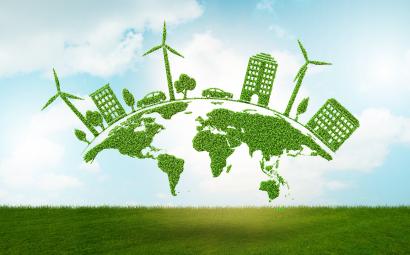illustratie groene wereldbol met windmolens