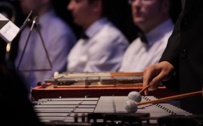 Close-up van een muzikant die op een xylofoon speelt. Vervaagd op de achtergrond zijn andere muzikanten van een orkest te zien.