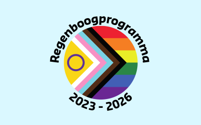 Progressflag en tekst: regenboogprogramma 2023 - 2026