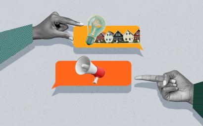 ruimte voor invloed: twee handen die tekstwolkjes vasthouden, met daarin illustraties van huizen, een luispreker en een lampje