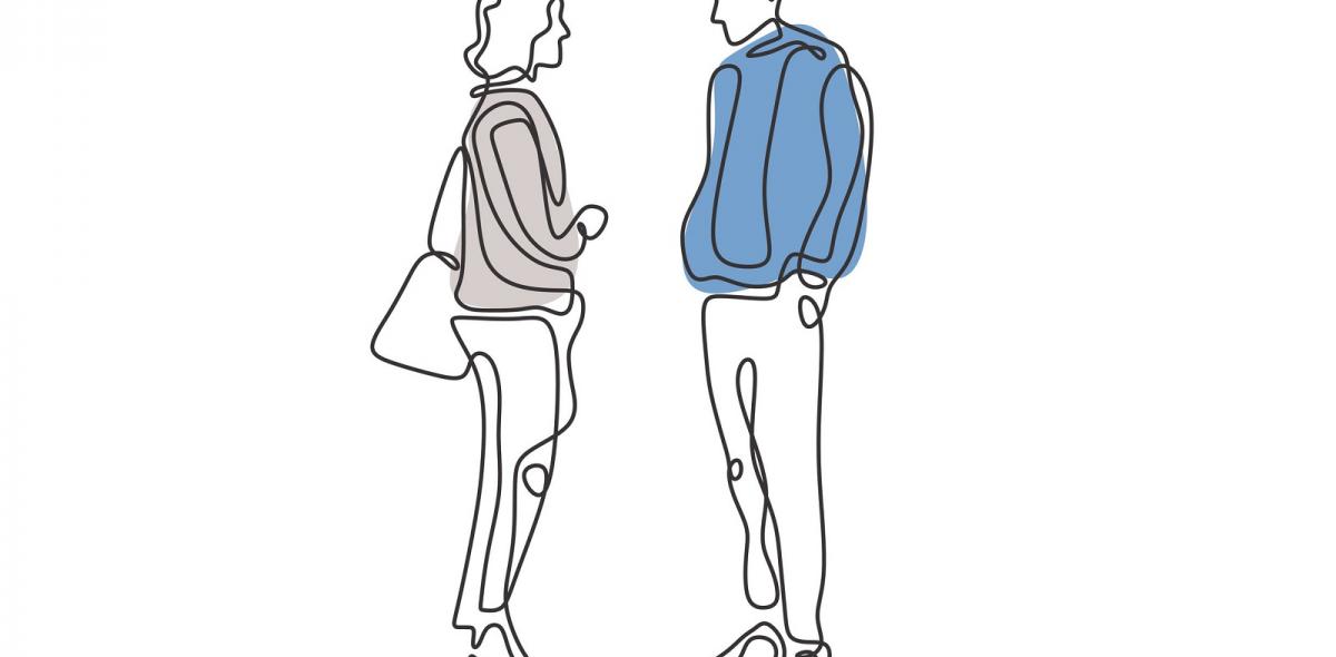 Tekening van twee mensen die met elkaar staan te praten