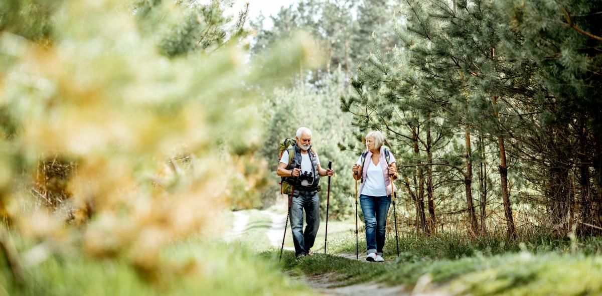Oudere man en vrouw lopen met trekkingstokken door een bos