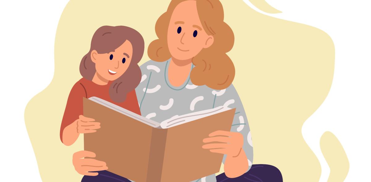 Kind en moeder lezen (getekend figuur)