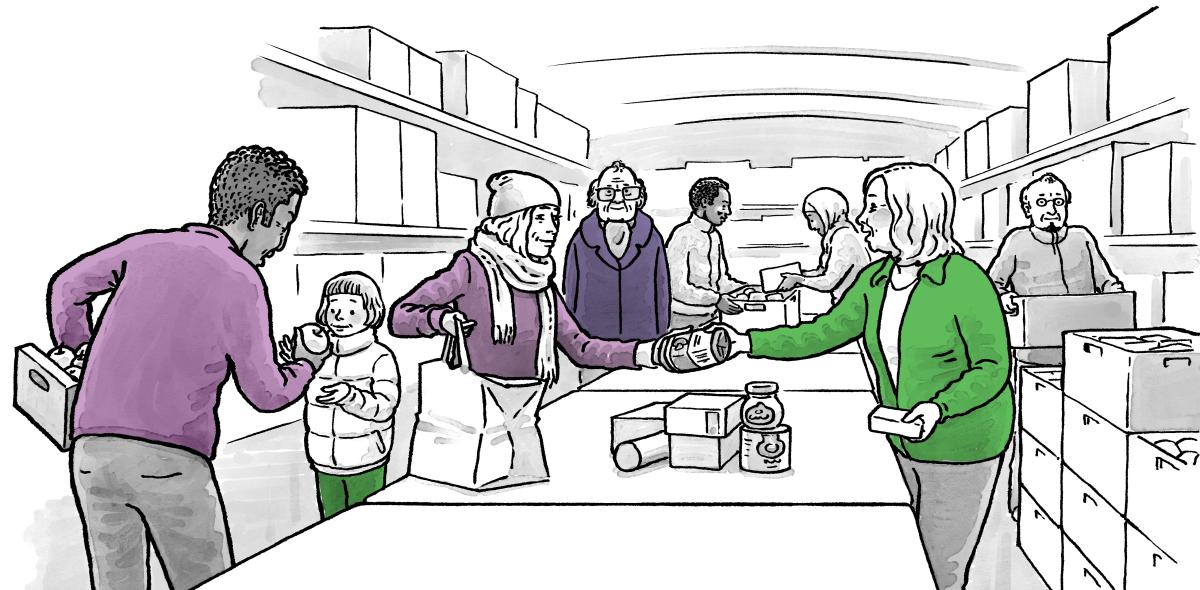 Illustratie mensen bij de voedselbank en vrijwilligers